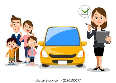 A woman in a suit who fills in a check mark in a document, a car and a family