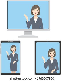 A woman in a suit who guides you in the device screen