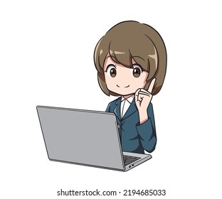 A woman in a suit who raises her index finger in front of a PC