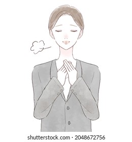 Woman in a suit who is relieved. On white background.