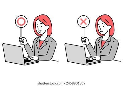 A woman in a suit working on a laptop raising ○× marks