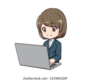 A woman in a suit working on a PC