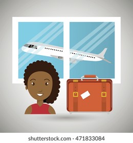woman suitcase airplane window vector illustration design