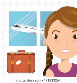 woman suitcase airplane window vector illustration design