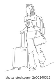 Woman with suitcase backpack glasses on head walking and holding phone. Travel. Side view. Continuous line drawing. Black and white vector in line art style.