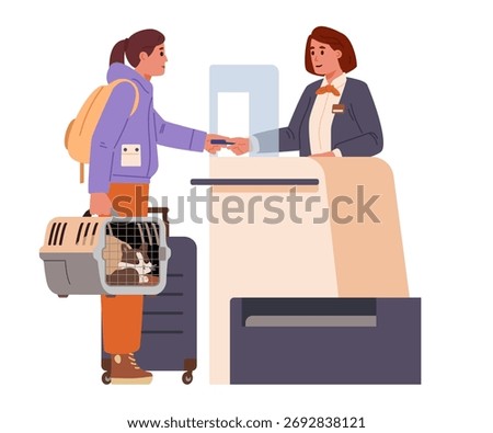 Woman with a suitcase and a cat inside pet carrier standing near check in counter giving her passport to airport employee flat vector illustration isolated on white. Travel with pet.