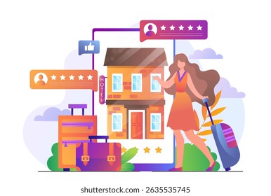Woman with suitcase checking into hotel with luggage, digital reviews and five-star ratings, flat style, white background. Concept of travel and tourism. Vector illustration