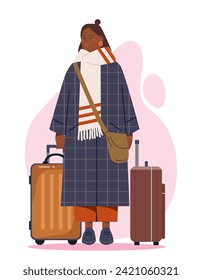 Woman with suitcase concept. Young girl in winter clothes with luggage. Traveler and tourist preppare to flight. Poster or banner. Cartoon flat vector illustration isolated on white background