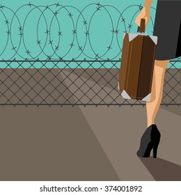 Woman with suitcase confronted by barbed wire fence. EPS 10 vector.