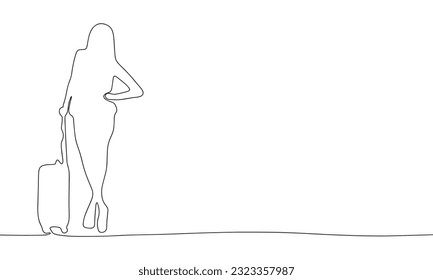 Woman with suitcase in continuous line art drawing style. Silhouette of woman with suitcase, travel concept. Black linear sketch isolated on white background. Vector illustration