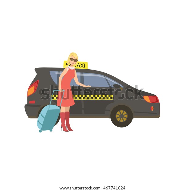 Woman With Suitcase\
Entering Black Taxi Car