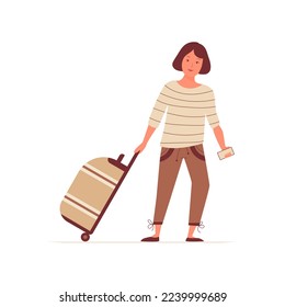 Woman with a suitcase flat vector illustration on white background