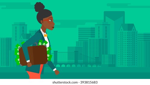 Woman with suitcase full of money.