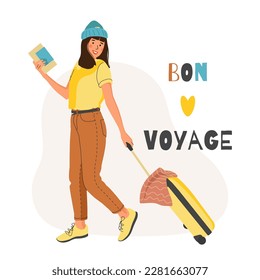 Woman with a Suitcase goes on Vacation. Girl with a Suitcase and a passport with boarding pass tickets. Travel concept, flat vector illustration.