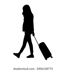 Woman with suitcase going to traveling, woman with luggage go to airport silhouette on white	