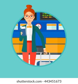 Woman with suitcase holding a passport with ticket at the airport. Woman standing at the airport in front of departure board. Vector flat design illustration in the circle isolated on background.