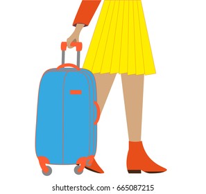 Woman with suitcase isolated on white background. Banner, poster for tour operator.