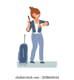 Woman with suitcase looking at watch on railway station platform flat vector illustration