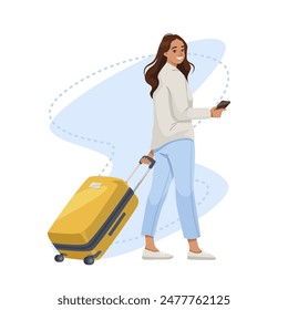 Woman with suitcase and mobile phone, vector illustration on a white background, concept of travel. Vector illustration