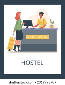 Woman with a suitcase near the hostel reception, talking to the lobby desk clerk. Checks into the hotel or leaves. Online hotel booking. Vector illustration isolated on white background in frame