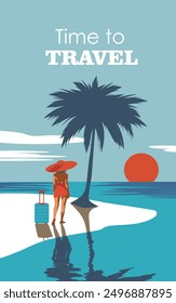 Woman with a suitcase on the beach at sunset. Time for summer, travel, tourism, vacation. Bright background on the theme of seasonal holidays, weekends, beach. Vector illustration of place for text.