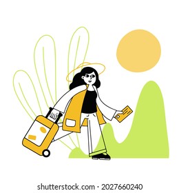 Woman with suitcase on vacation. Trip and rest. Girl with luggage. Abstract nature background. Outline minimalist female character