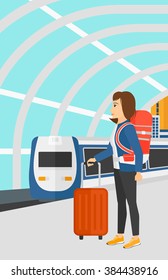 Woman with suitcase on wheels and briefcase.