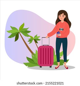 Woman with suitcase and passport is ready tot travel. Time to travel concept. Flat vector illustration