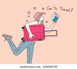 Woman with suitcase running to vacation travel, Travel concept. Hand drawn in thin line style, vector illustrations.