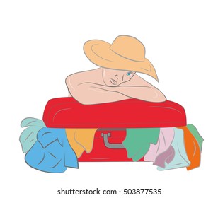 woman with the suitcase with things. vacation concept. vector illustration.