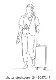 Woman with suitcase walking holding phone. Continuous line drawing. Black and white vector illustration in line art style.