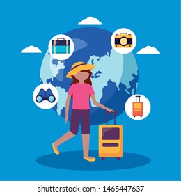 woman suitcase world travel exploraration vector illustration