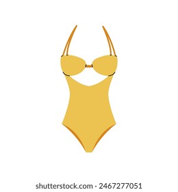 Woman summer beach outfit. Stylish female one-piece swimsuit retro style, fashionable feminine swimwear, doodle swimming suit for holiday vacation. Vector flat illustration.