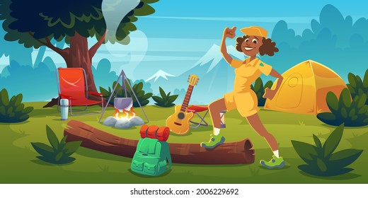 Woman in summer camp with bonfire, tent, backpack, chair and guitar. Vector cartoon landscape with mountain, forest and campsite with equipment for travel, hiking and activity vacation