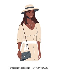 Woman in Summer Clothes and Hat Isolated. Modern Girl in Trendy Casual Outfit. Happy Female Character Wearing Fashion Summer Dress, Panama and Clutch Bag. Cartoon Flat Vector Illustration