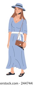 Woman in Summer Clothes and Hat Isolated. Modern Girl in Trendy Casual Outfit. Happy Female Character Wearing Fashion Summer Dress, Panama, Sandals and Clutch Bag. Cartoon Flat Vector Illustration