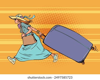 A woman in summer clothes and with a suitcase runs. Late to the airport for departure on vacation. Holidays by the sea in the sun. Pop Art Retro Vector Illustration Kitsch Vintage 50s 60s Style