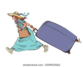 A woman in summer clothes and with a suitcase runs. Late to the airport for departure on vacation. Holidays by the sea in the sun. Pop Art Retro Vector Illustration Kitsch Vintage 50s 60s Style. On a