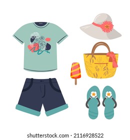 Woman summer clothing vector icon set. T-shirt, shorts, beach bag, slippers, hat, ice cream. summer, beach, sea, travel, look Clothes collection. isolated on white