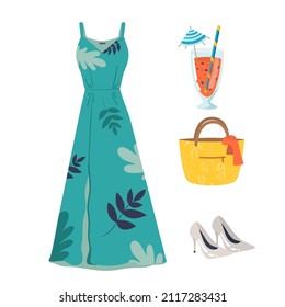 Woman summer clothing vector icon set. blue summer sundress spaghetti strap dress with leaf print, bright print, maxi, bag, cocktail, heeled shoes. Evening Dress. Clothes collection. look