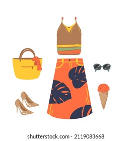 Woman summer clothing vector icon set. leaf print skirt, summer bag, T-shirt, blouse, glasses, heels, ice cream, glasses. Clothes collection.