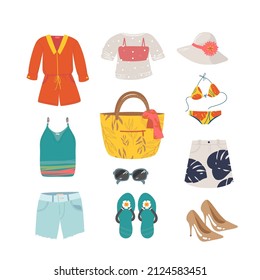 Woman summer clothing vector icon set. T-shirt, blouse, suit, slippers, skirt, shoes, shorts, glasses, hat, overalls, swimsuit, bag. Clothes collection.