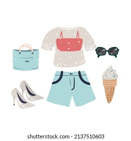 Woman summer clothing vector icon set. T-shirt, shorts, beach bag, slippers, hat, ice cream. summer, beach, sea, travel look Clothes collection. isolated on white. Vector illustration