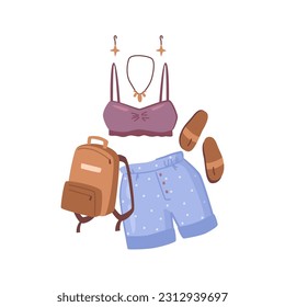 Woman summer clothing vector icon set. Shirts and top blouse, sandals and leather bag backpack, necklace and earrings accessories in flat cartoon style. Clothes collection, look of the day