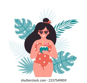 Woman with summer cocktail. Hello summer, vacation, summertime, summer party. Woman in retro swimsuit and retro glasses. Hand drawn vector illustration