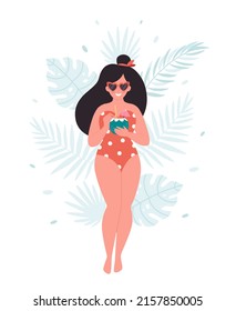 Woman with summer cocktail. Hello summer, vacation, summertime, summer party. Woman in retro swimsuit and retro glasses. Hand drawn vector illustration