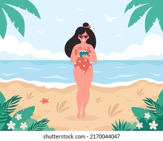 Woman with summer cocktail. Hello summer, vacation, summertime, summer party. Woman in retro swimsuit and retro glasses. Hand drawn vector illustration