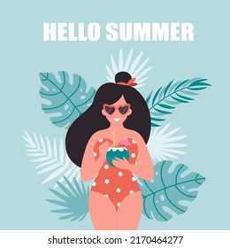 Woman with summer cocktail. Hello summer, vacation, summertime, summer party. Woman in retro swimsuit and retro glasses. Hand drawn vector illustration