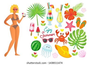 Woman and summer elements vector, palm tree foliage, cocktail with straws and umbrella. Ice cream, watermelon and sea star, crab and jellyfish starfish. Summertime objects for relax