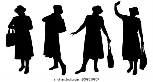 A woman in a summer hat and a bag over her shoulder. The female silhouette is dressed: dress, blouse, hat. Wave your hand, says hello. Four black female silhouettes are isolated on a white background.